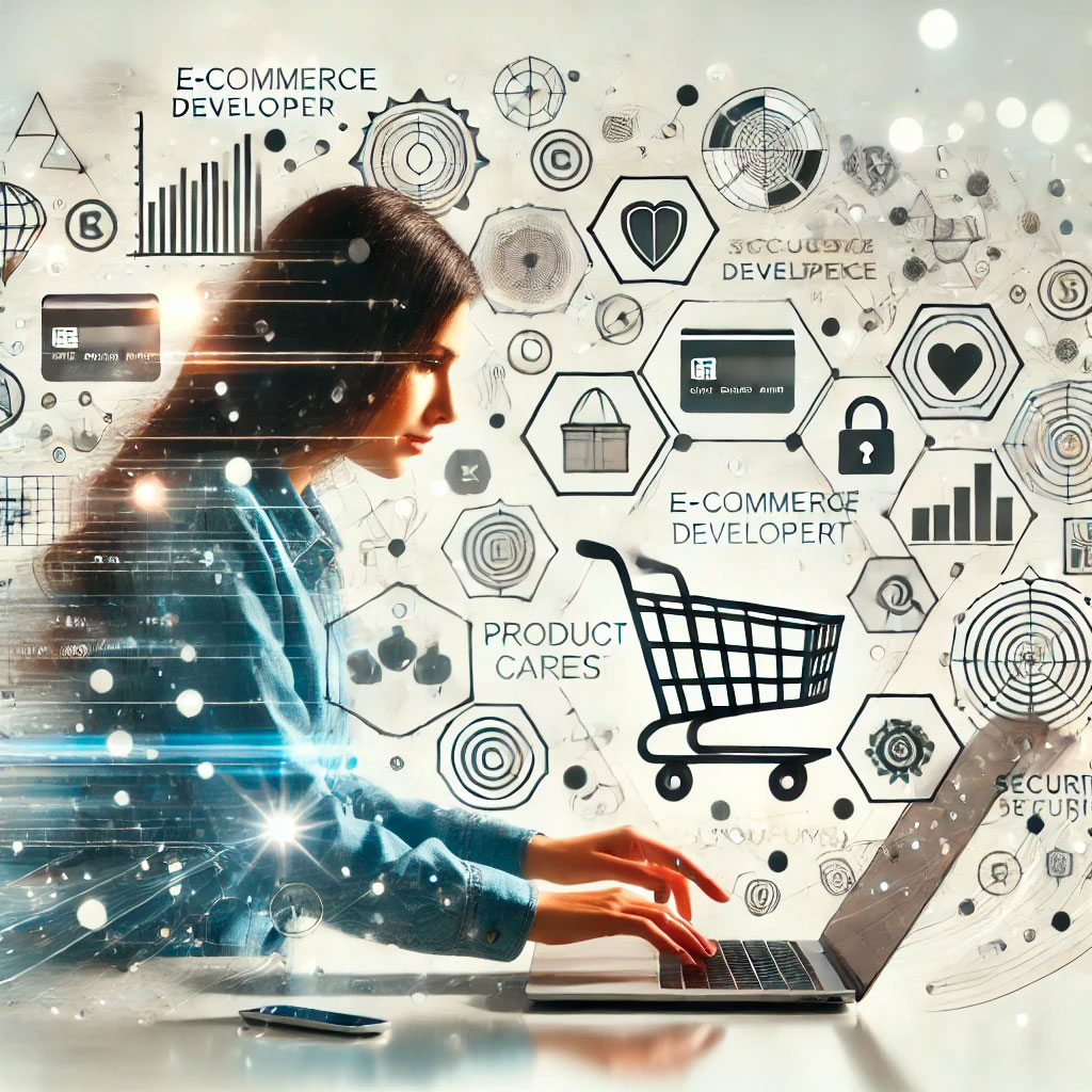 A graphic depicting a female e-commerce developer, sitting at a laptop, with ecommerce and online icons flashing around as ideas.  E-Commerce Designers, Creative Orbit, Wollongong