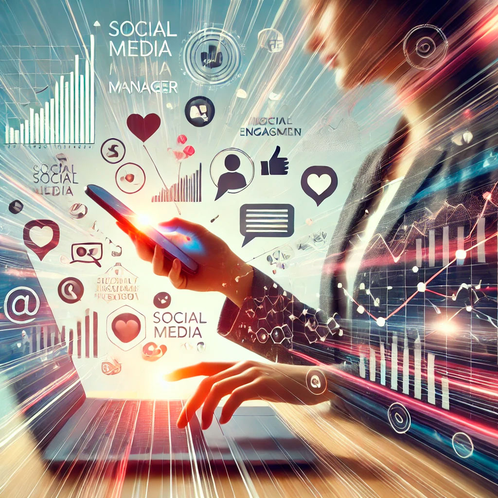 A graphic image of a woman typing on a computer, phone in hand, and graphics and icons flying past.