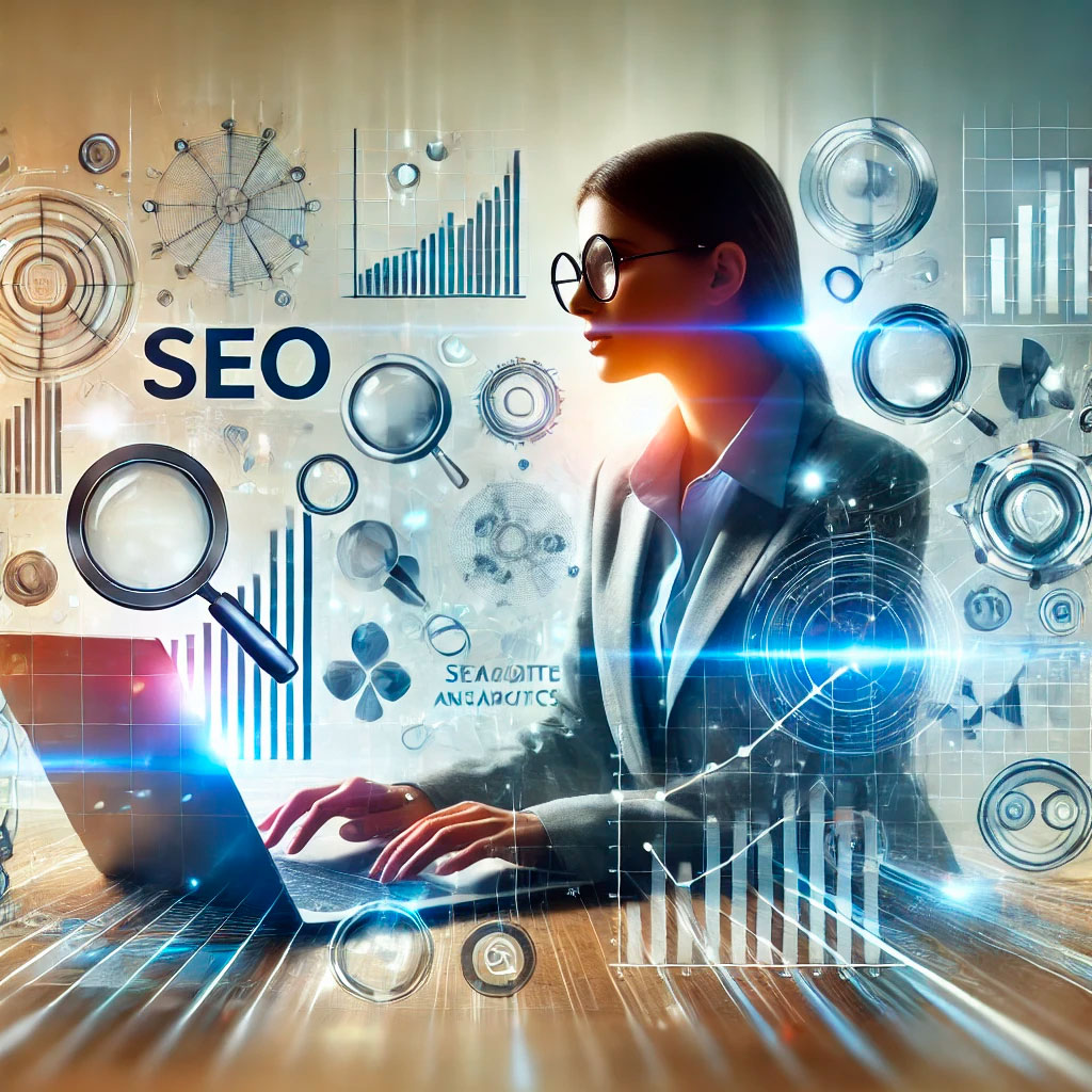 A picture of a woman typing away at her desk on her laptop, with SEO icons and thoughts flying around her. SEO Wollongong - Creative Orbit features of the Search Engine Optimisation process. Graphic By AndSus