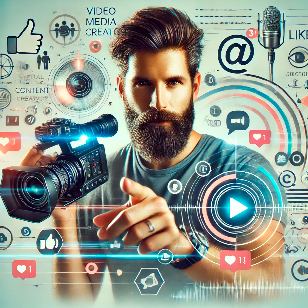 A picture of a professional, male, content creator smiling at the camera with a video camera in his hand, surrounded by icons and symbols regarding various kinds of content floating around his head. 