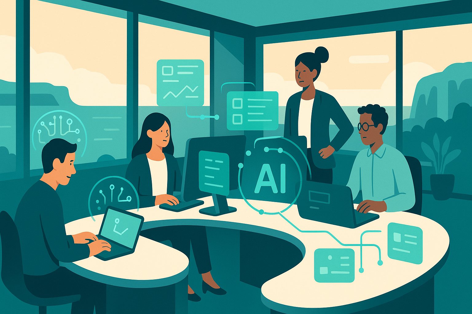 Wide hero illustration of a modern Wollongong office overlooking the coastline, humans and translucent AI ‘digital layer’ icons collaborating around screens, clean flat style, teal and blue palette, minimal background, 16:9, no text.