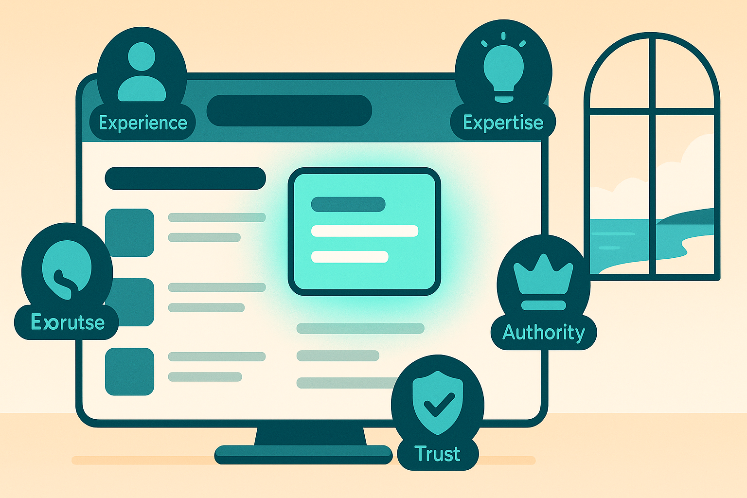 EEAT - Concept illustration of a search results page with one result glowing and surrounded by badges for Experience, Expertise, Authority, and Trust, modern flat design, Google-like colours but generic UI, 16:9, with no logos or text