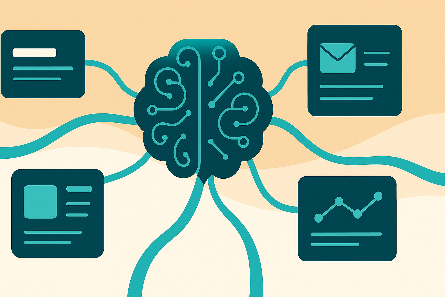 Beyond Chatbots: Generative AI’s Real Impact Hero Image: “Dynamic illustration of marketing content flowing from a central AI brain into blog posts, social media cards, email newsletters and analytics dashboards, vibrant gradient background, modern SaaS style, 16:9