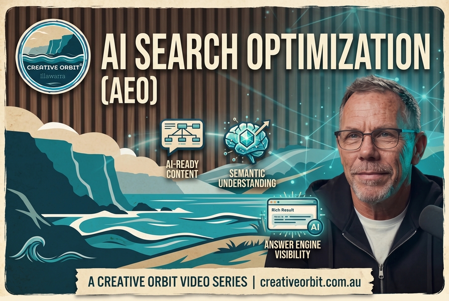 A distressed retro video intro graphic with a textured wood grain background, coastal scene, and aged paper border texture throughout. The Creative Orbit Illawarra logo is at the top-left and a headshot of presenter Simon Bayliss with microphone is at the right. Large central text reads: 'AI SEARCH OPTIMIZATION' and '(AEO)'. Below the title are three new detailed retro-styled icons with text captions representing 'AI-READY CONTENT', 'SEMANTIC UNDERSTANDING', and 'ANSWER ENGINE VISIBILITY'. A footer reads 'A CREATIVE ORBIT VIDEO SERIES | creativeorbit.com.au'