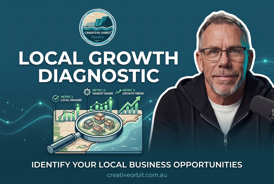 A stylized professional video intro graphic with a deep teal background and glowing data points. Features a headshot portrait of presenter Simon Bayliss on the right. Large prominent white text reads 'LOCAL GROWTH DIAGNOSTIC'. To the left, a circular Creative Orbit Illawarra logo is at the top, and a detailed infographic of a magnifying glass examining a localized landscape with small business icons shows a data chart of metrics for demand, market share, and growth trend. Bottom text reads 'IDENTIFY YOUR LOCAL BUSINESS OPPORTUNITIES' with the url 'creativeorbit.com.au