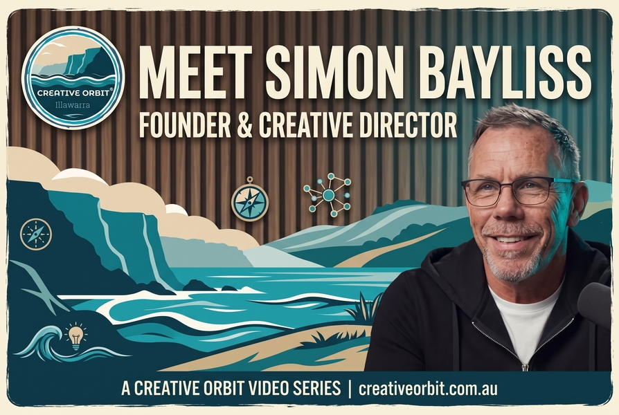 A stylized retro video intro graphic with a textured wood grain background and coastal scene. The top-left corner features the circular Creative Orbit Illawarra logo, and a headshot of presenter Simon Bayliss with a microphone is at the top-right. Large, stylized text across the top center reads: 'MEET SIMON BAYLISS' with smaller text below 'FOUNDER &amp; CREATIVE DIRECTOR'. A footer reads 'A CREATIVE ORBIT VIDEO SERIES | creativeorbit.com.au'