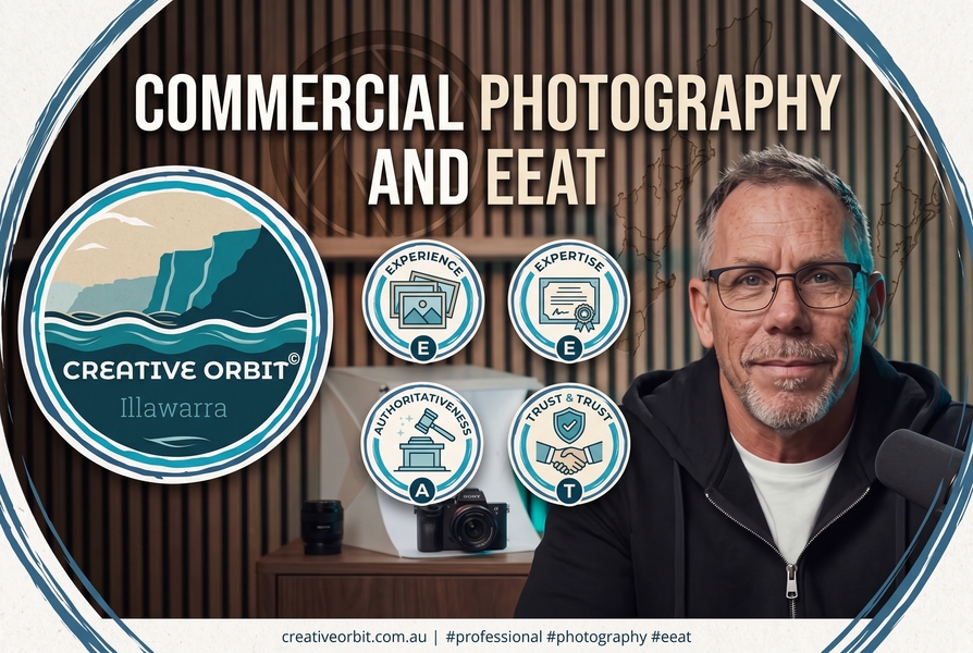 A professional branded video intro graphic with a refined wood slat and etched pattern background. The circular Creative Orbit Illawarra logo badge frames the left side. Text across the upper third reads 'COMMERCIAL PHOTOGRAPHY AND EEAT'. A professional portrait photo of presenter Simon Bayliss is at the right. Below the text, a horizontal arc of four circular infographic icons details Experience, Expertise, Authoritativeness, and Trust &amp; Trust, with specific icons and text. Refined camera equipment is visible in the background. A small footer url and hashtags are visible at the bottom center. The entire image has a textured paper finish matching the logo's border.