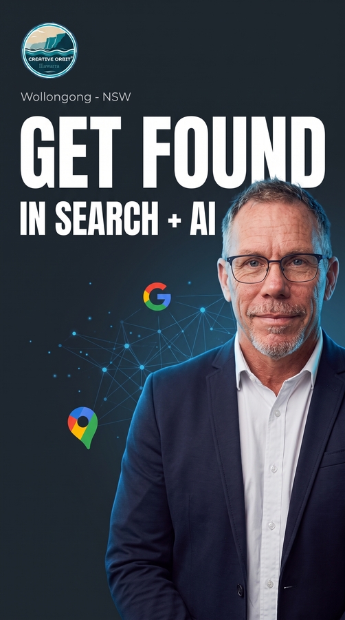 A distressed retro video intro graphic with a textured wood grain background, coastal scene, and aged paper border texture throughout. The Creative Orbit Illawarra logo is at the top-left and a headshot of presenter Simon Bayliss with microphone is at the right. Large central text reads: 'AI SEARCH OPTIMIZATION' and '(AEO)'. Below the title are three new detailed retro-styled icons with text captions representing 'AI-READY CONTENT', 'SEMANTIC UNDERSTANDING', and 'ANSWER ENGINE VISIBILITY'. A footer reads 'A CREATIVE ORBIT VIDEO SERIES | creativeorbit.com.au'