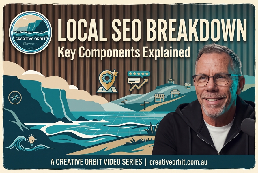 A stylized retro video intro graphic with a textured wood grain background and coastal scene. The Creative Orbit Illawarra logo is at the top-left, and a headshot of Simon Bayliss with a microphone is at the top-right. Central text reads: 'LOCAL SEO BREAKDOWN' with smaller text 'Key Components Explained'. Below, a landscape contains three new retro-styled icons representing map pin gear optimization, review management stars, and business citations directories. A footer reads 'A CREATIVE ORBIT VIDEO SERIES | creativeorbit.com.au'.