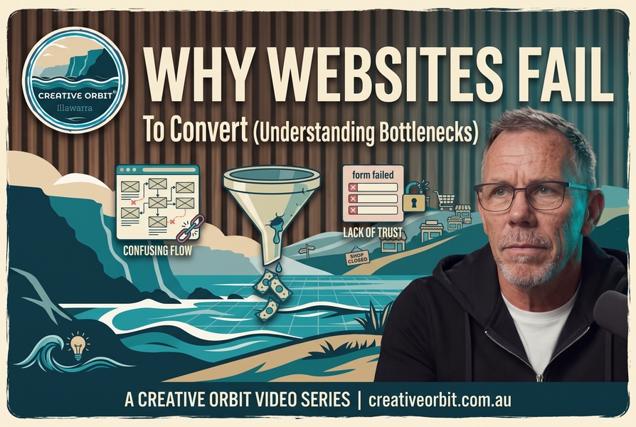 A distressed retro video intro graphic with a dark textured wood grain and coastal scene, incorporating an aged paper border. The Creative Orbit Illawarra logo is at the top-left and a headshot of Simon Bayliss is at the right. Large central text reads: 'WHY WEBSITES FAIL' with a subtitle 'To Convert (Understanding Bottlenecks)'. Central icons are changed to a confusing wireframe labeled 'CONFUSING FLOW', a leaky funnel dripping money, and a locked form labeled 'LACK OF TRUST' and 'SHOP CLOSED'. Landscape has small details like tiny failure signs. A footer reads 'A CREATIVE ORBIT VIDEO SERIES | creativeorbit.com.au'.