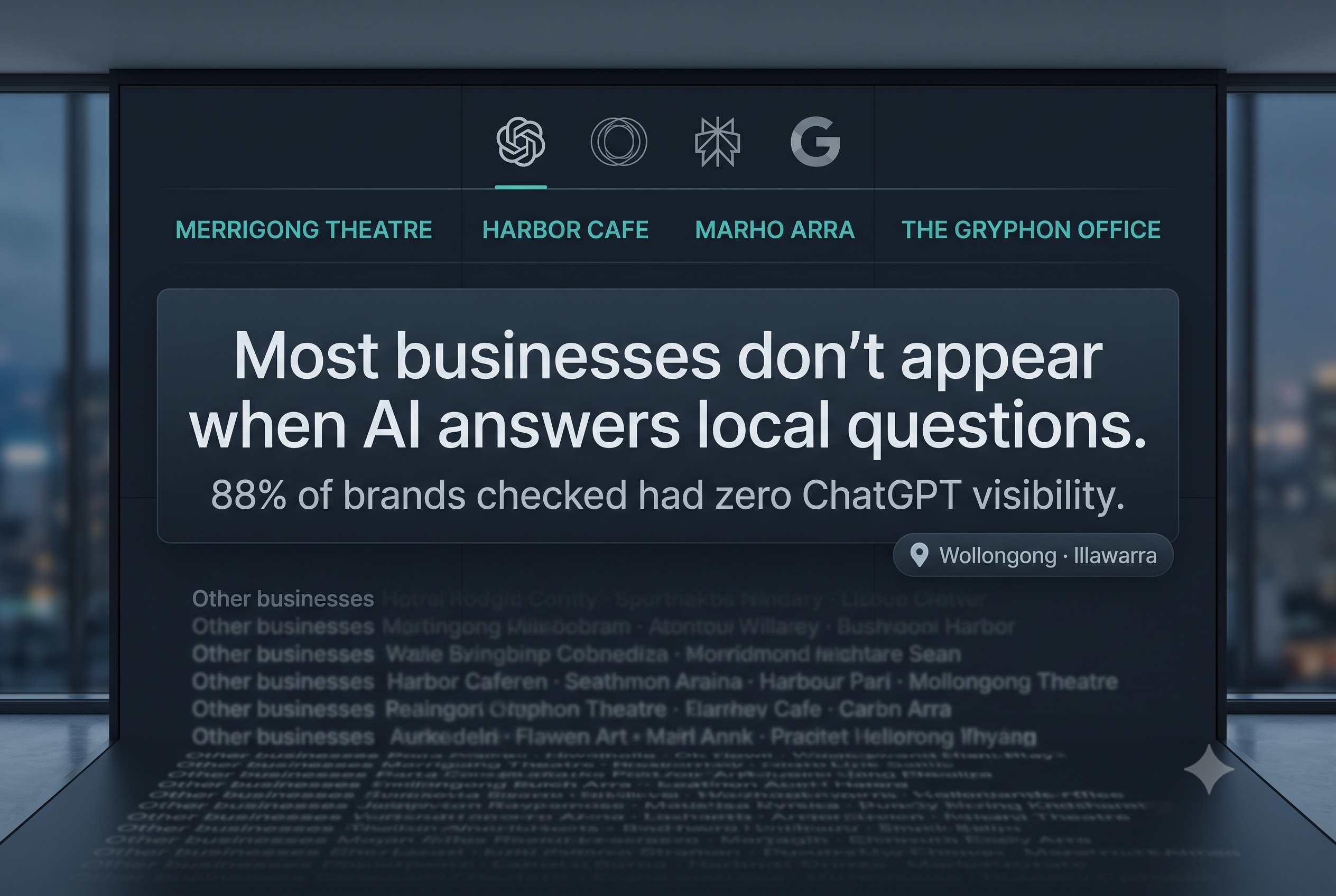 A professional, data-focused social graphic presented as a minimalist digital interface on a dark screen floating within a modern office setting. At the top of the interface, four white, abstract icons represent various AI platforms (appearing to be ChatGPT, Gemini, Perplexity, and Google AI Overviews). Below these icons, four local Wollongong business names are clearly visible in clean teal typography: MERRIGONG THEATRE, HARBOR CAFE, MARHO ARRA, THE GRYPHON OFFICE. The central focus is a prominent dark rectangular overlay with white text that reads: “Most businesses don’t appear when AI answers local questions. 88% of brands checked had zero ChatGPT visibility.” A small, dark location tag is in the lower right corner, reading: “Wollongong · Illawarra” next to a location pin icon. The entire lower half of the composition features a long, dense, heavily blurred, and faded list of cascading text, which is mostly illegible other than repeating the words “Other businesses...” followed by indistinct names, visually implying they are hidden or unlisted. The background shows blurred floor-to-ceiling office windows overlooking a city skyline at dusk.