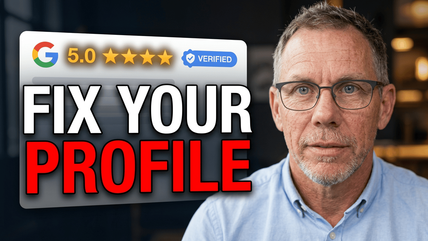 A high-contrast 16:9 YouTube thumbnail showing a focused presenter on one side looking toward the viewer. Next to the presenter is a stylized 5.0-star rating verification card with gold stars and review details, paired with bold, high-contrast text overlay that reads 'FIX YOUR PROFILE' set against a clean, modern dark gradient background