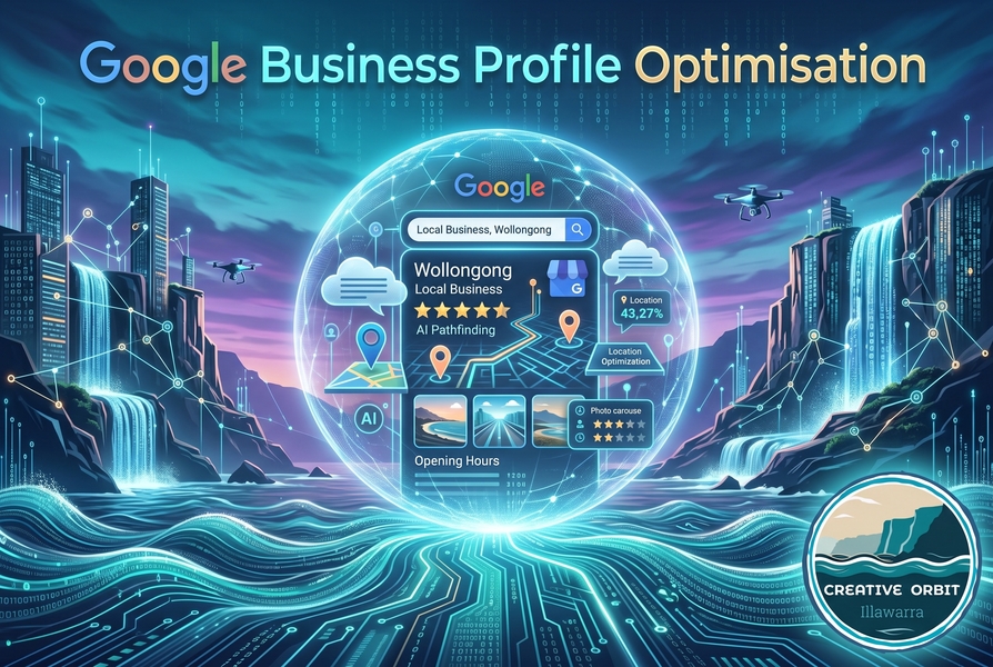 A detailed, futuristic digital illustration titled "Google Business Profile Optimisation," showcasing an optimized holographic interface for a local Wollongong business listing. The scene blends data streams, network nodes, and cascading data waterfalls with a stylized Wollongong coastline and ocean. Key details within the central interface include an optimized profile with a 5-star AI Pathfinding rating, a detailed location map, specific optimization data, and business information. The full "Creative Orbit Illawarra" logo, featuring coastal cliffs and waves within a circular badge, is clearly visible in the bottom-right corner. The entire composition has a vibrant, advanced data-visualization aesthetic, set as a 3:2 web article intro image.
