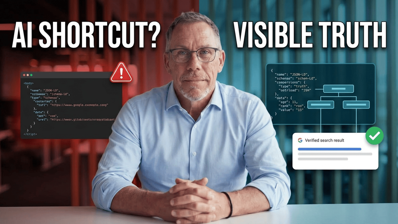 A YouTube video thumbnail featuring Simon Bis with an analytical expression next to a mock search interface card displaying 'AI Shortcuts Vs Visible Truth in bold white typography.