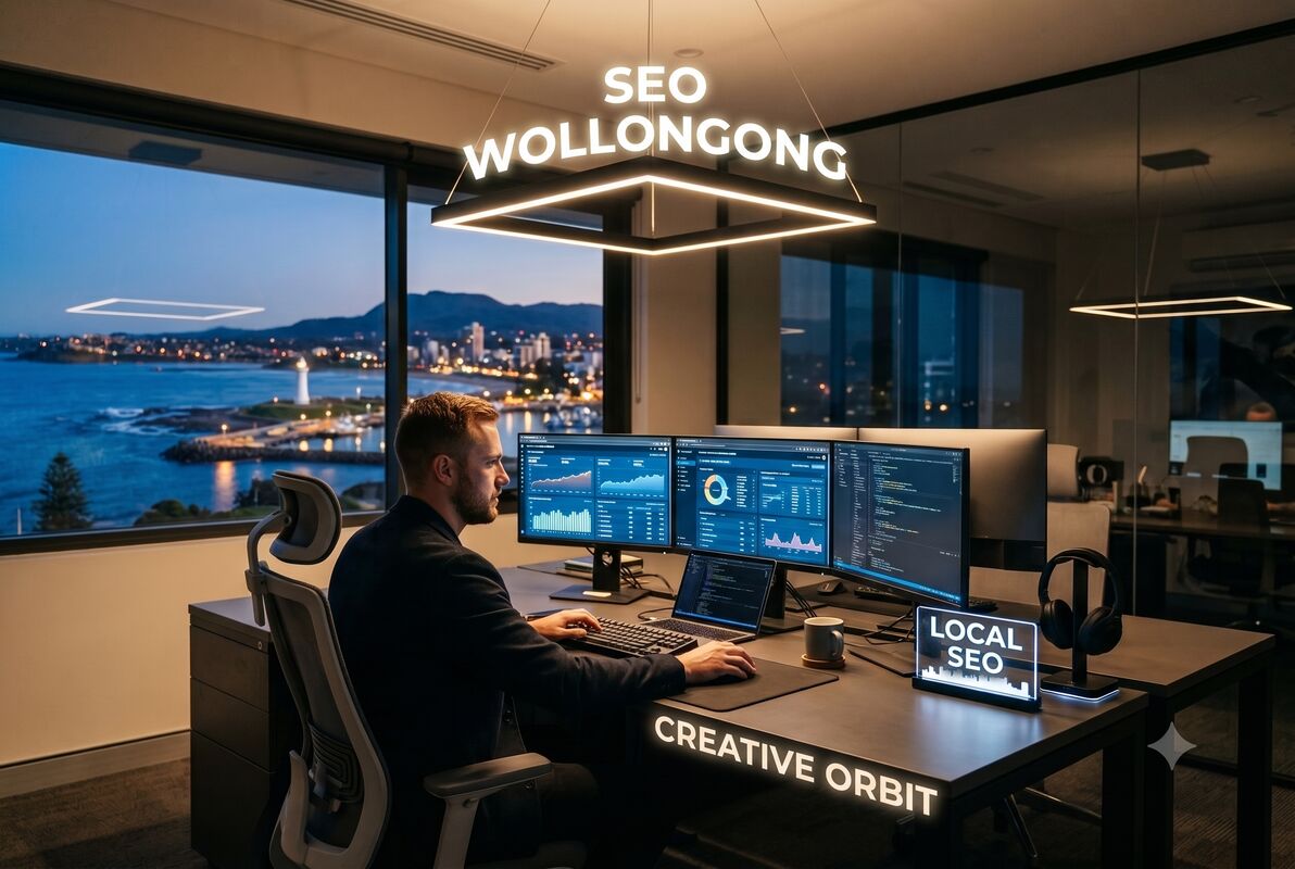 A modern Wollongong office, late afternoon, with Creative Orbit owner, Simon Bayliss sits at a desk with multiple monitors, conducting a local SEO research for clients.