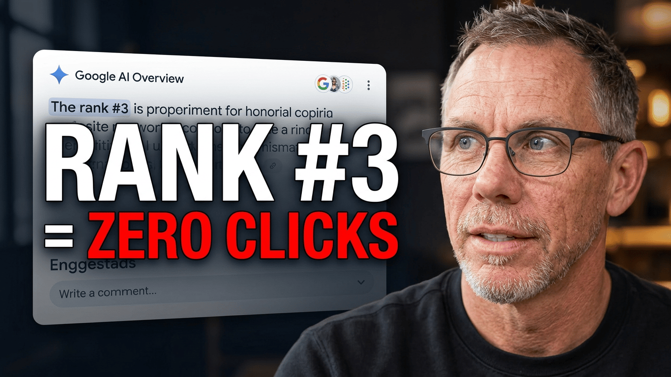 A YouTube video thumbnail featuring Creative Orbit owner, Simon Bayliss against a dark, moody studio background looking toward a glowing diagnostic card that reads 'AI SEARCH: 0 CLICKS' in bold white and red high-contrast typography.