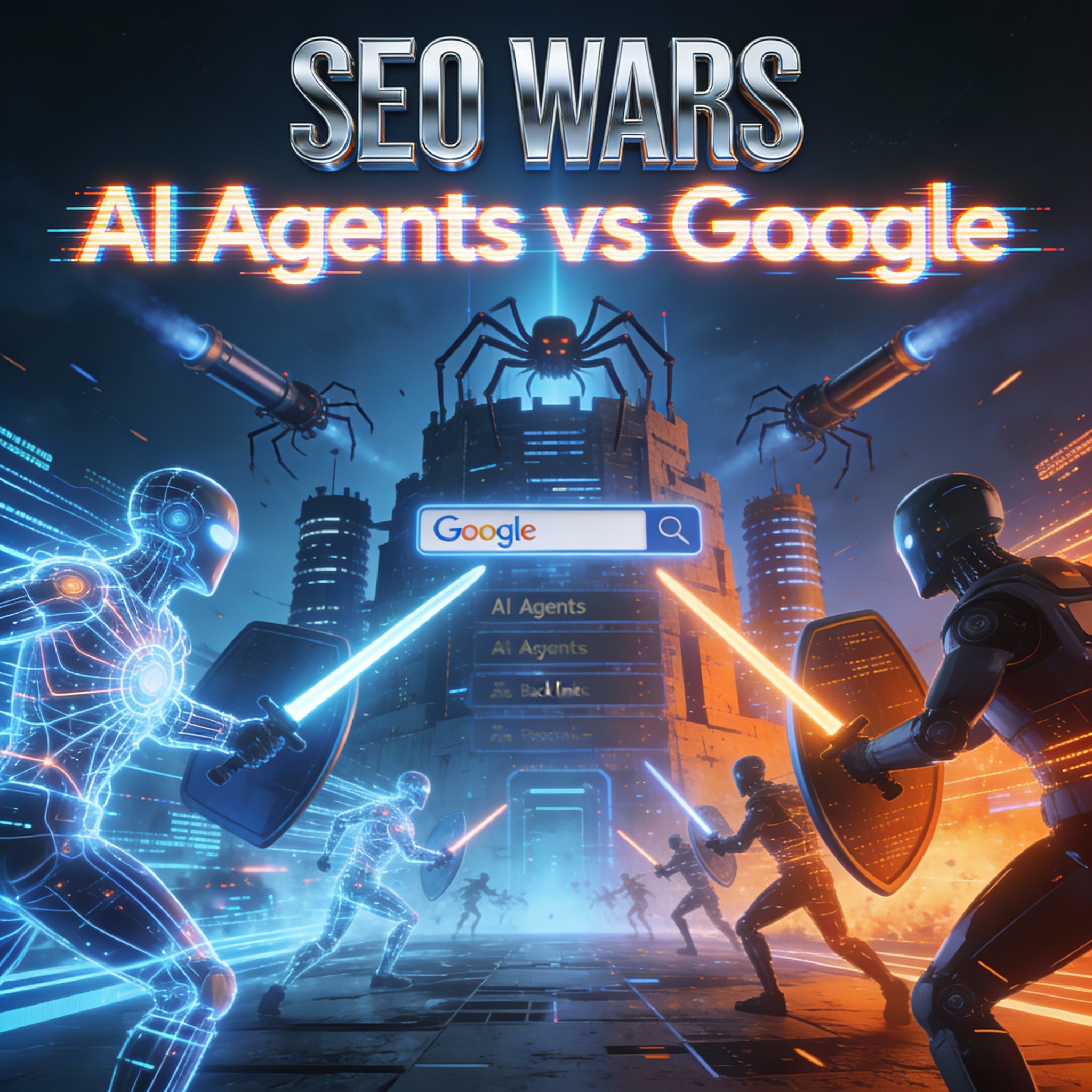 SEO WARS – AI agents clashing with a towering Google algorithm fortress in a neon-lit futuristic digital battlefield, cinematic 1:1 poster graphic.