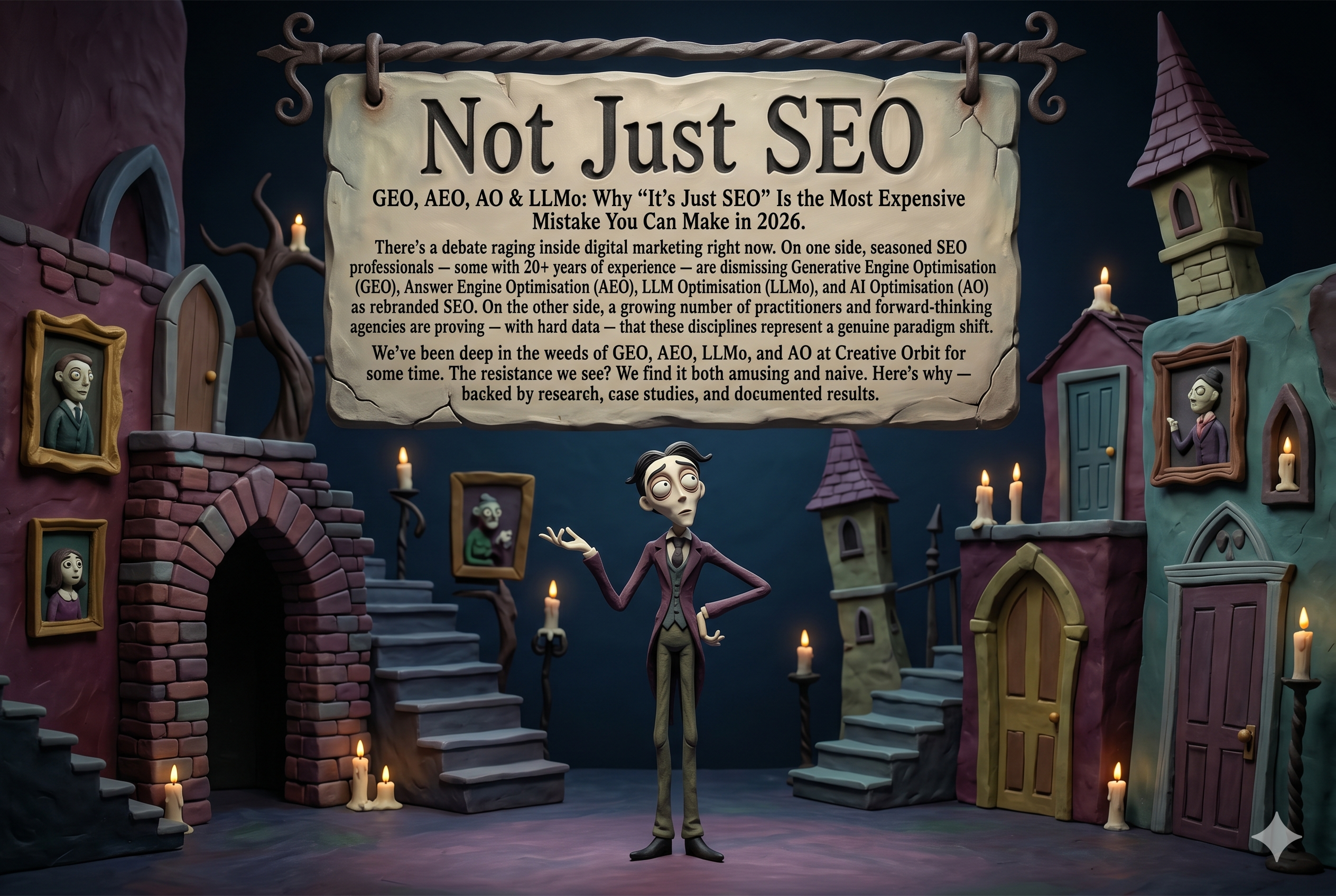 A detailed claymation diorama in a gothic fantasy style, resembling a miniature movie set. A slender, pale man in a suit stands in the foreground, looking up thoughtfully at a large, rugged stone sign hanging from a metal rod above him. The sign displays the blog article’s title and intro text verbatim: "Not Just SEO. GEO, AEO, AO &amp; LLMo: Why “It’s Just SEO” Is the Most Expensive Mistake You Can Make in 2026. There’s a debate raging inside digital marketing right now. On one side, seasoned SEO professionals — some with 20+ years of experience — are dismissing Generative Engine Optimisation (GEO), Answer Engine Optimisation (AEO), LLM Optimisation (LLMo), and AI Optimisation (AO) as rebranded SEO. On the other side, a growing number of practitioners and forward-thinking agencies are proving — with hard data — that these disciplines represent a genuine paradigm shift. We’ve been deep in the weeds of GEO, AEO, LLMo, and AO at Creative Orbit for some time. The resistance we see? We find it both amusing and naive. Here’s why — backed by research, case studies, and documented results." The background features spooky miniature buildings, lit candles, bare trees, and small framed portraits of ghostly figures.