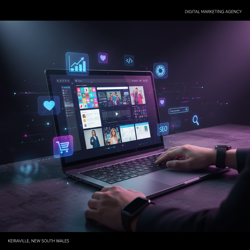 Digital agency recent-projects collage showing a laptop portfolio grid with floating icons for SEO, social media, e‑commerce, video, photography, and web development