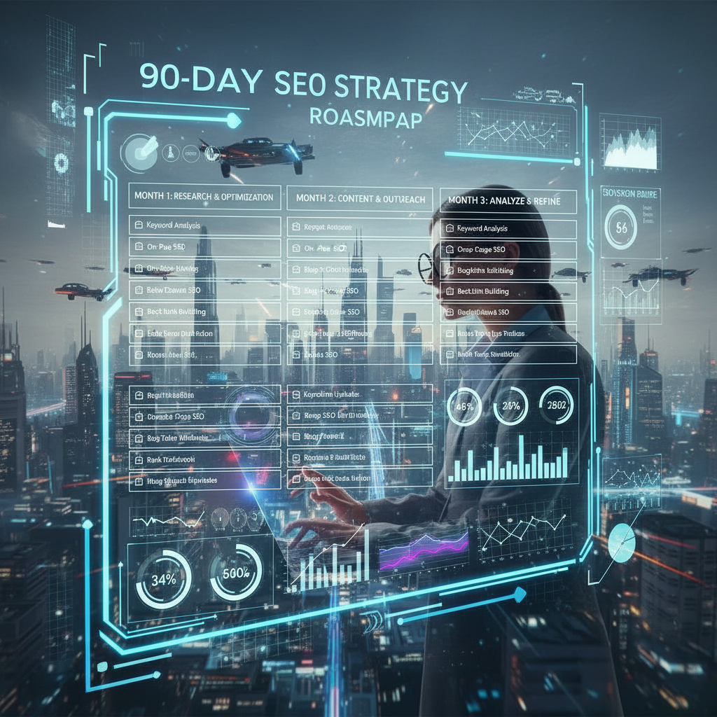 Futuristic 90-day SEO roadmap with neon digital interface and tech city background, illustrating advanced strategy updates for Creative Orbit in 2025.