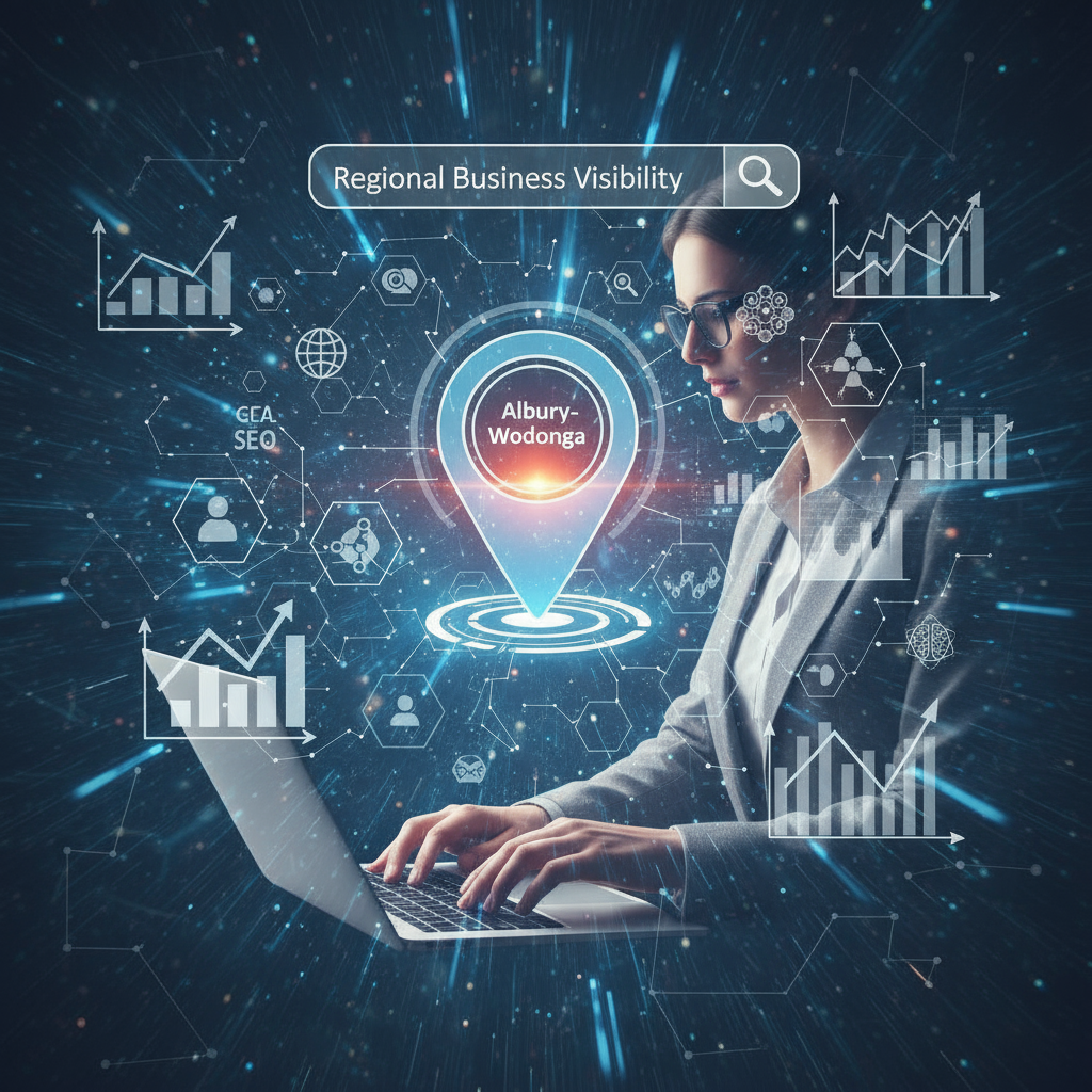 Futuristic digital illustration for AI-enhanced SEO and GEO, featuring glowing search and analytics overlays, schematic regional business elements, AI Search Engines &amp; The New SERP Landscape Creative Orbit