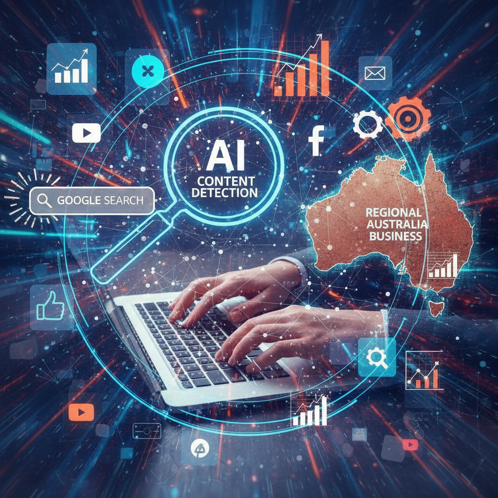 Collage illustration showing digital strategy icons, artificial intelligence and human collaboration elements, Google search motifs, and symbols representing regional Australian business, designed in a modern, abstract style that matches the branding of Creative Orbit.