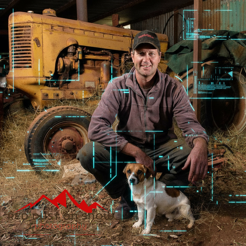 Real Australian farmer kneeling beside his dog in a rustic farm shed, vintage tractor in the background, with subtle glowing AI digital effects and Creative Orbit branding, representing authentic commercial photography in the age of AI.