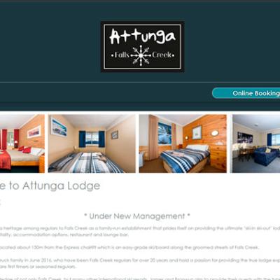 Website design for Attunga Lodge Falls Creek featuring the brand logo with snowflake icon and lodge room gallery