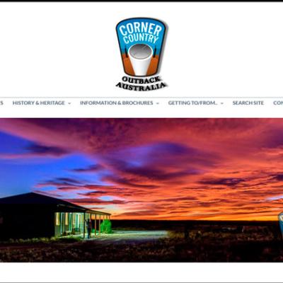 Website design for Corner Country Outback Australia featuring a vibrant sunset hero image and navigation menu
