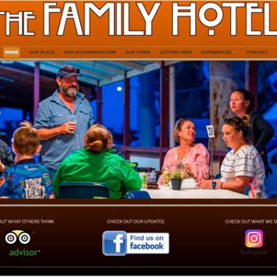 Website design for The Family Hotel Tibooburra featuring guests on an outdoor patio and social media links