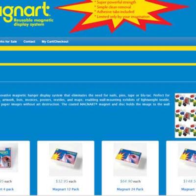 Website design for Magnart featuring product descriptions and multi-pack pricing for magnetic hanger displays