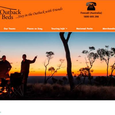 Website design for Outback Beds showcasing farm stay accommodation listings across NSW and Queensland