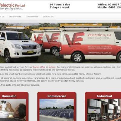 Website design for Velectric Pty Ltd showing branded service vehicles and domestic, commercial, industrial services