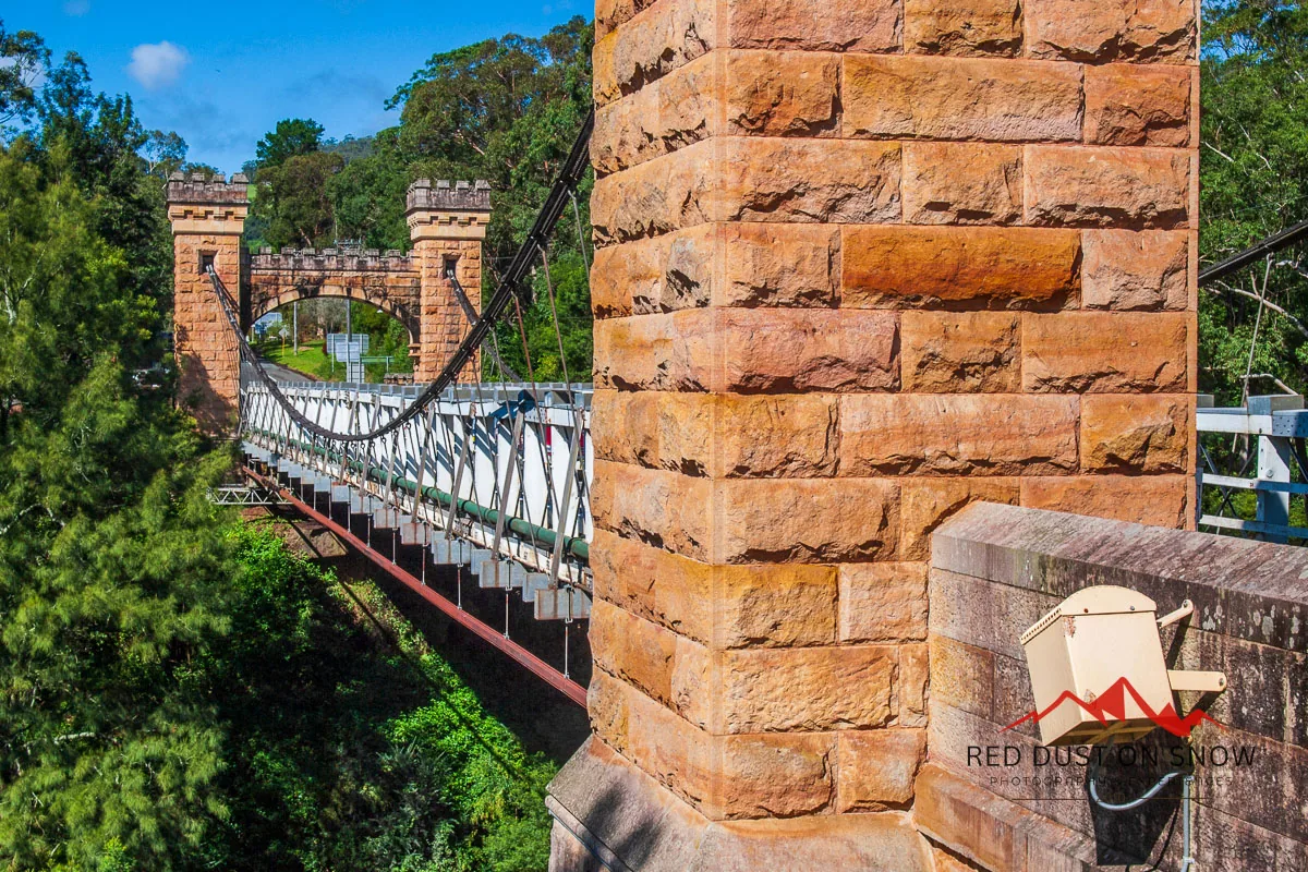Sandstone tower of the 1895 Hampden Bridge, a suspension bridge over the Kangaroo River in Kangaroo Valley, NSW
